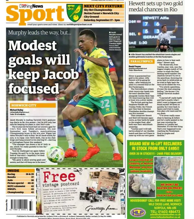 Back page of Norwich Evening News