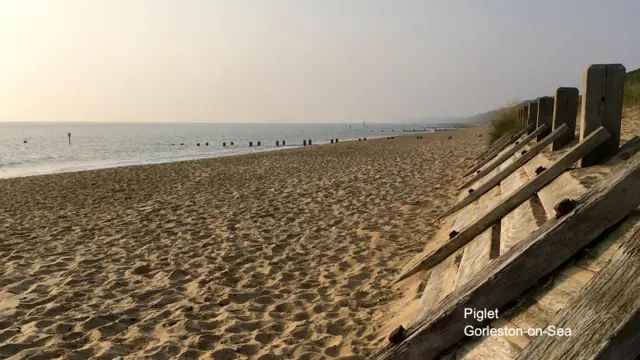 Deserted beach, showing sand, sea and sea defences