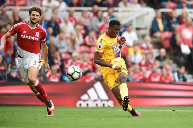 Wilfried Zaha scores against Middlesbrough