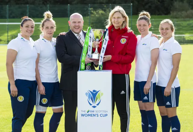 Scotland's Gemma Fay, Joelle Murray, coach Anna Signeul, Leanne Ross and Kirsty Smith join Colin Banks of SSE as SSE are announced as the new sponsors of Scottish Women's football