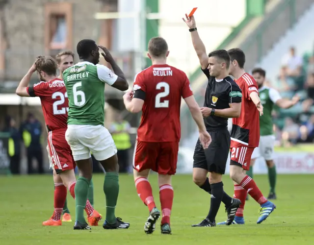 Marvin Bartley was sent off at Easter Road