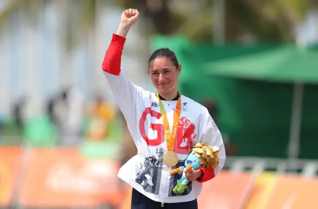 Sarah Storey celebrates winning gold