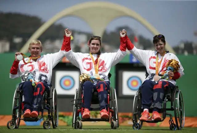 GB celebrate taking gold, silver and bronze in the archery