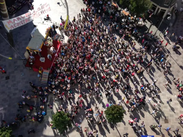 Crowd outside Cardiff Library