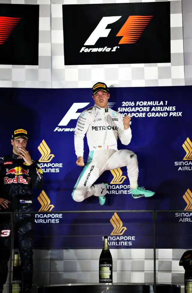 Nico Rosberg celebrates winning the Singapore GP