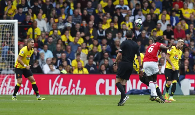 Paul Pogba hits the bar