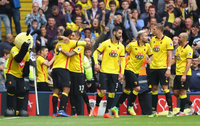 Watford players celebrate their win over Manchester United