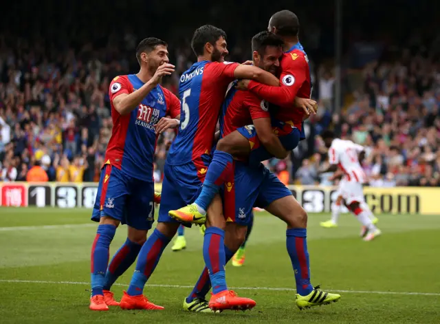 Crystal Palace players celebrate their 2-0 lead