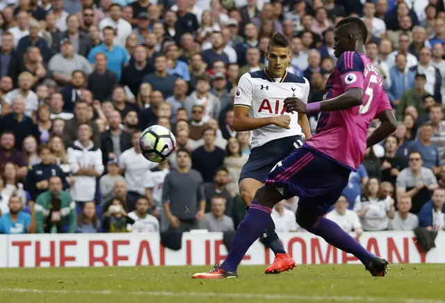 Erik Lamela shoots at goal