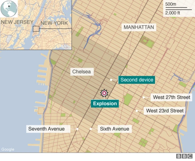 Map of Manhattan, showing where the explosion took place