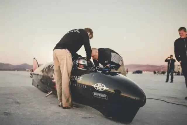 Guy Martin in his two wheeled motorbike in the shape of a torpepedo