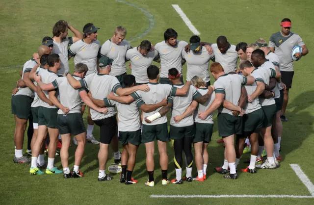 South Africa rugby team in huddle