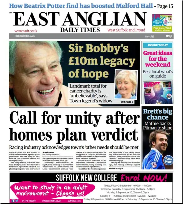 Front page of west edition of EADT