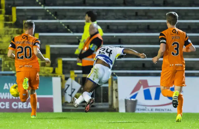 Jai Quitongo scores for Morton against Dundee United