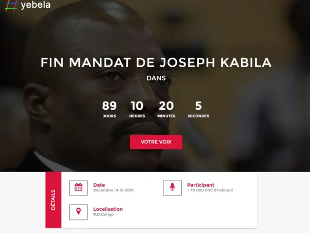 countdown clock ticks down to the end of Kabila's mandate in 89 days, 10 hours, 20 minutes and 5 seconds