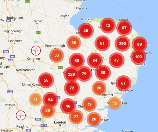 Mission Map for the East Anglian Air Ambulance, showing numbers of incidents since 2000