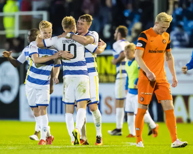 Greenock Morton players celebrate advancing to the semi-finals of the League Cup