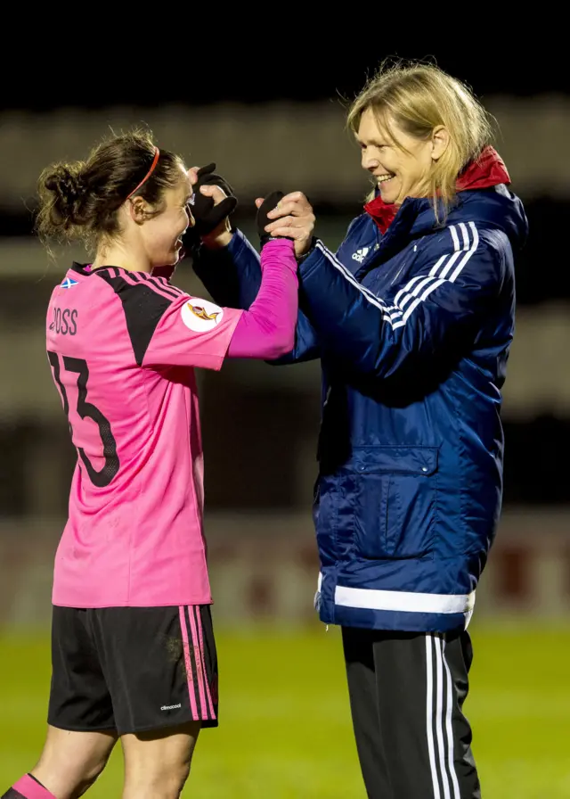 Jane Ross and coach Anna Signeul celebrate victory for Scotland women