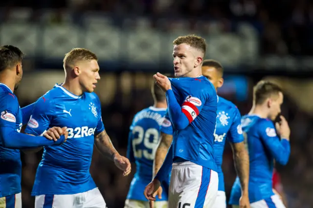 Andy Halliday (right) celebrates scoring for Rangers against Queen of the South