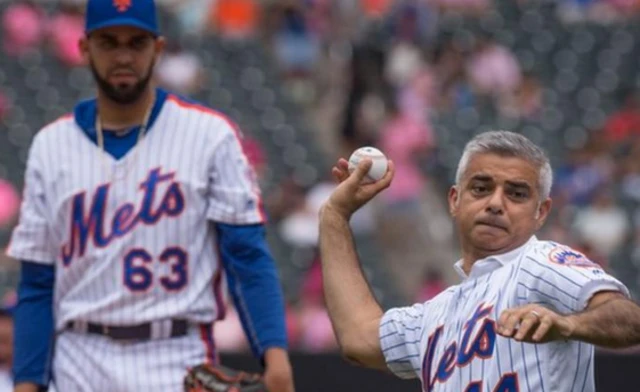 Mayor of London Sadiq Khan pitches a baseball