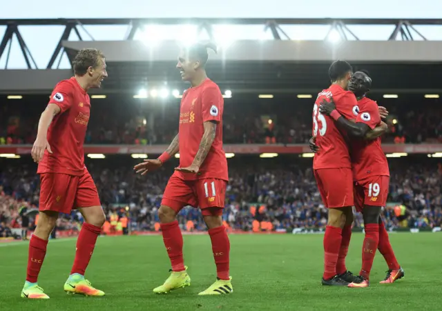 Liverpool celebrate beating Leicester