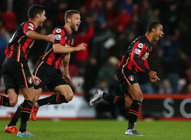 Junior Stanislas celebrates scoring for Bournemouth v Everton