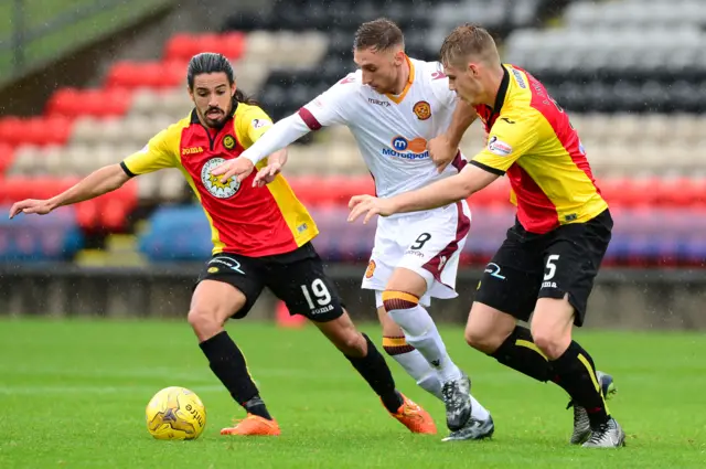 Motherwell's Louis Moult (centre) holding off Partick Thistle's Liam Lindsay (right) and Ryan Edwards (left)