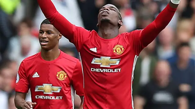 Paul Pogba celebrates his goal against Leicester