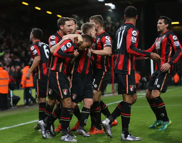 Bournemouth celebrate making it 3-3 against Everton in 2015-16