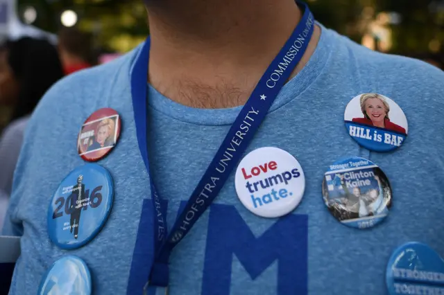 A Clinton supoporter poses before of the first presidential debate at Hofstra University's David & Mack Sport and Exhibition Complex in Hempstead, New York.