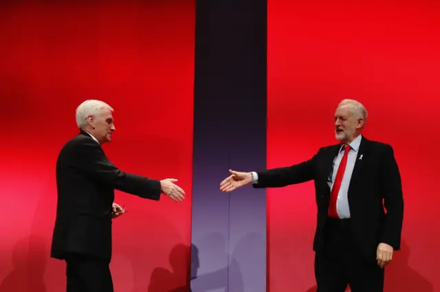 John McDonnell shakes Jeremy Corbyn's hand