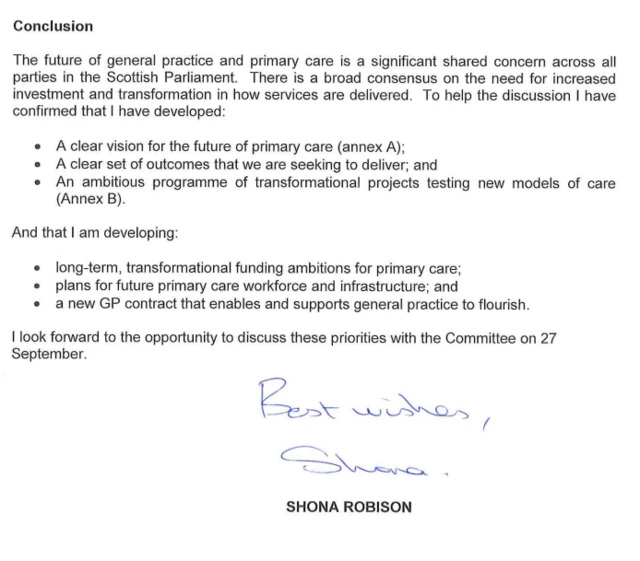 Conclusion to Shona Robision's letter to the committee convener