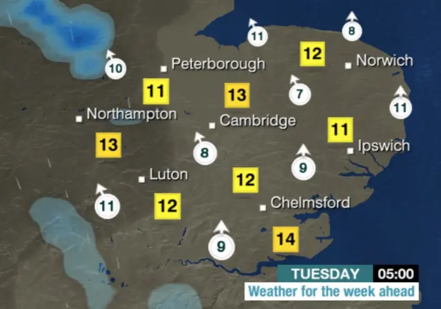 Weather map of the East of England