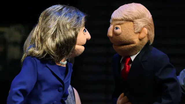 Hilary Clinton and Donald Trump puppets