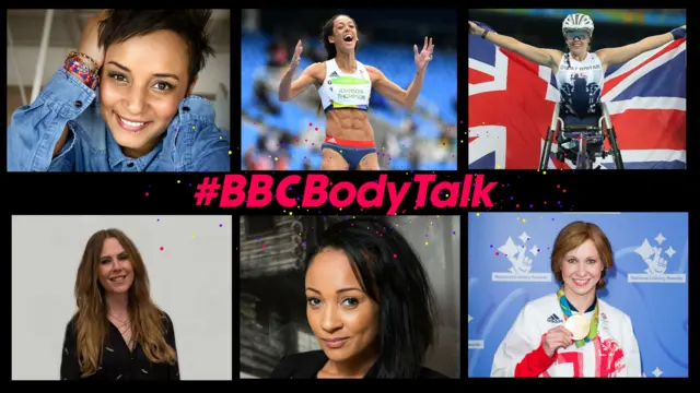 Image showing contributors to BBC Body Talk: Radio 1Xtra's Adele Roberts, Katarina Johnson-Thompson, Hannah Cockcroft, TV psychologist Emma Kenny, So Solid Crew's Lisa Maffia and Joanna Rowsell Shand