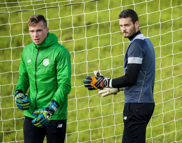 Celtic goalkeepers Dorus de Vries and Craig Gordon in training on Tuesday