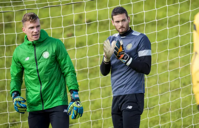 Celtic goalkeepers Dorus de Vries and Craig Gordon in training on Tuesday