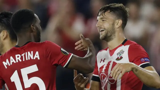 Jay Rodriguez (right) celebrates scoring against Sparta Prague