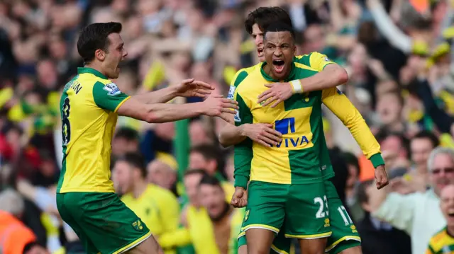 Norwich celebrate against Newcastle in April