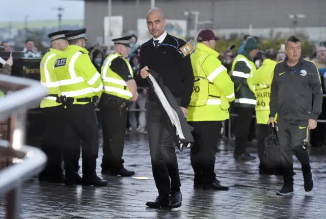 Man City manager Pep Guardiola arrives at Celtic Park