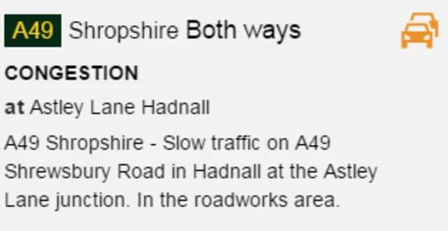 A49 slow both ways in Hadnall