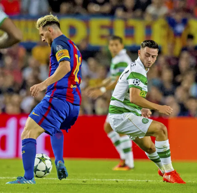 Lionel Messi (left) and Celtic's Patrick Roberts