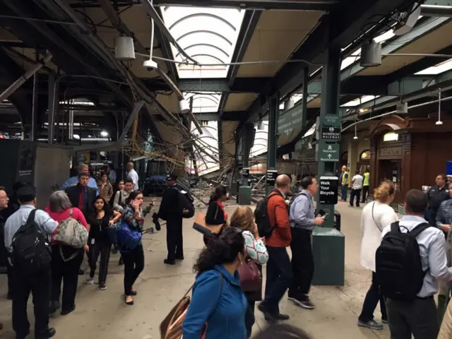 Damage to Hoboken train station in New Jersey after rail crash - 29 September 2016