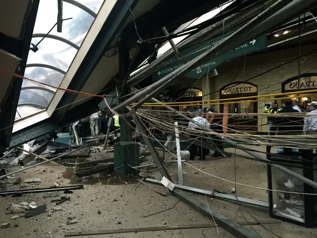 The roof collapse after a NJ Transit train crashed in to the platform at the Hoboken Terminal in New Jersey.