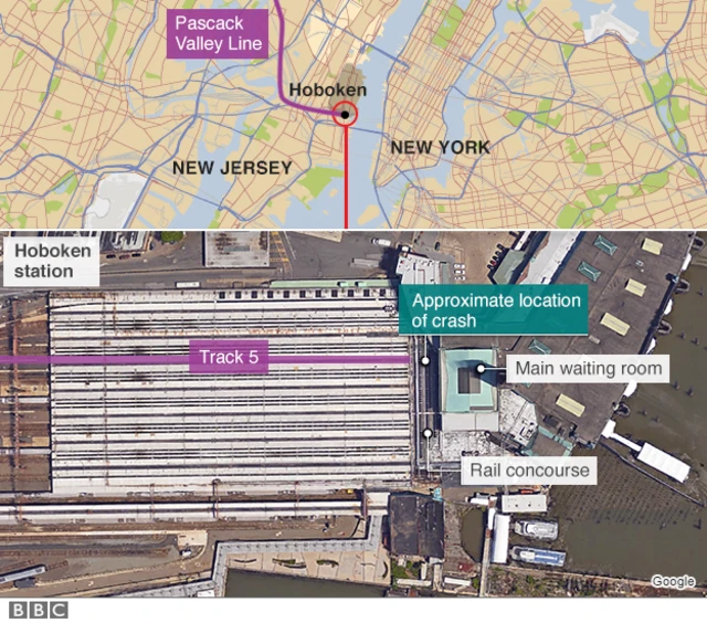 Map by BBC showing location of Hoboken train crash