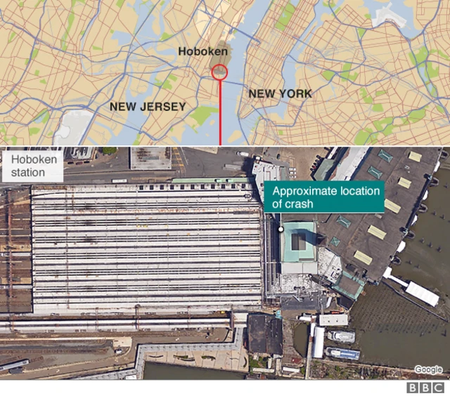 A BBC map shows the approximate location of the crash and the station's proximity to New York City.