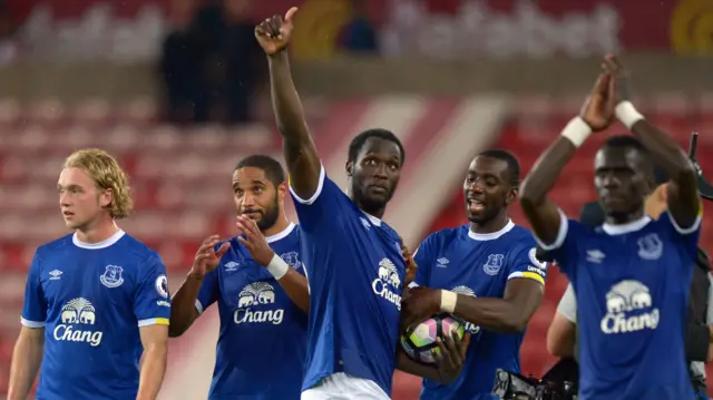 Romelu Lukaku (centre) with Everton team-mates