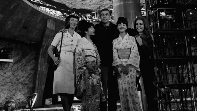 Lois Maxwell, Akiko Wakabayashi, Sean Connery, Mie Hama and Karin Dor on the set of You Only Live Twice in 1966