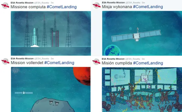 Four tweets from @ESA_Rosetta proclaiming "mission complete" in multiple languages