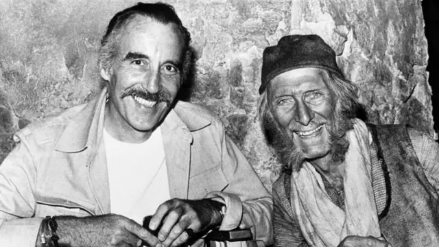 Christopher Lee (left) and Peter Cushing on the set of Arabian Adventure in 1978